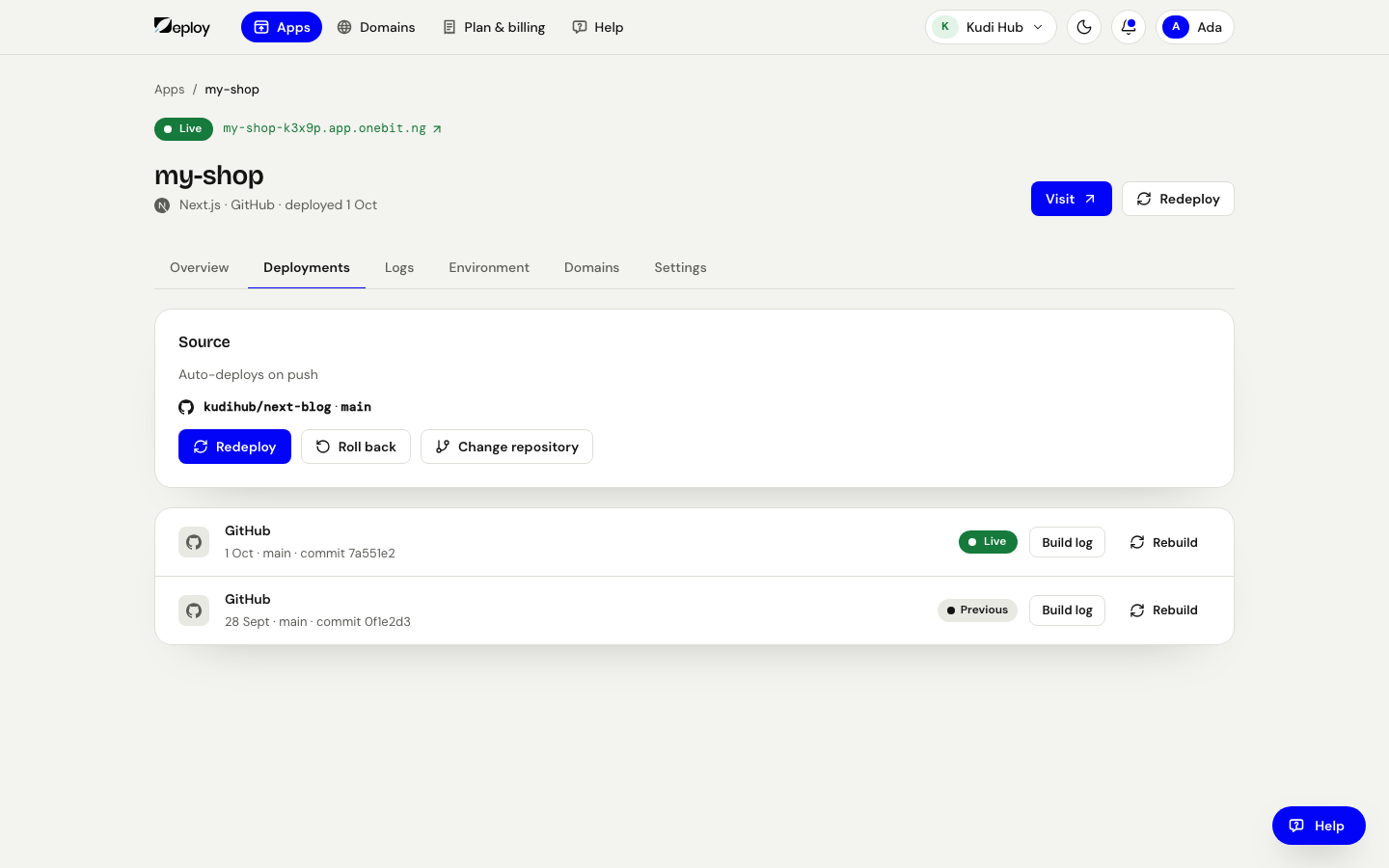 The app's Deployments tab
