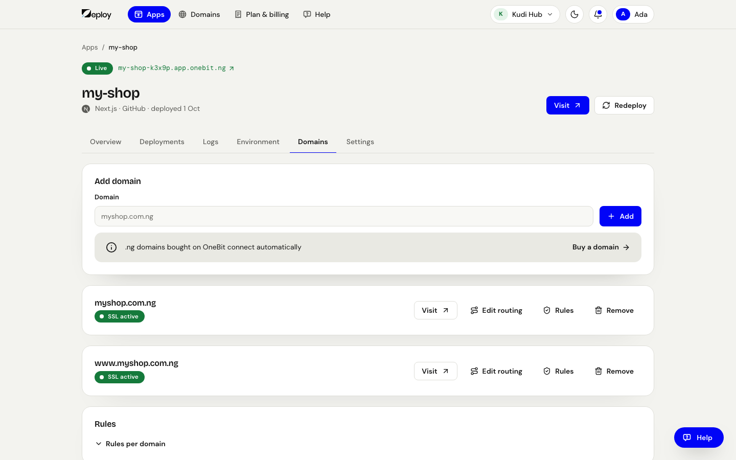 The app's Domains tab