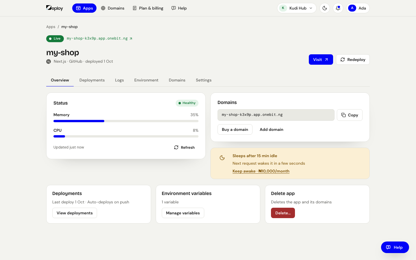 Status, on the app's Overview