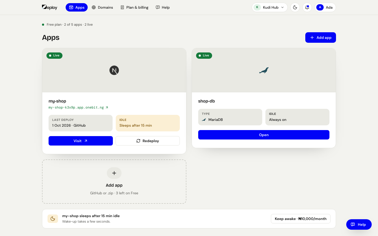 Your apps in the OneBit Deploy console