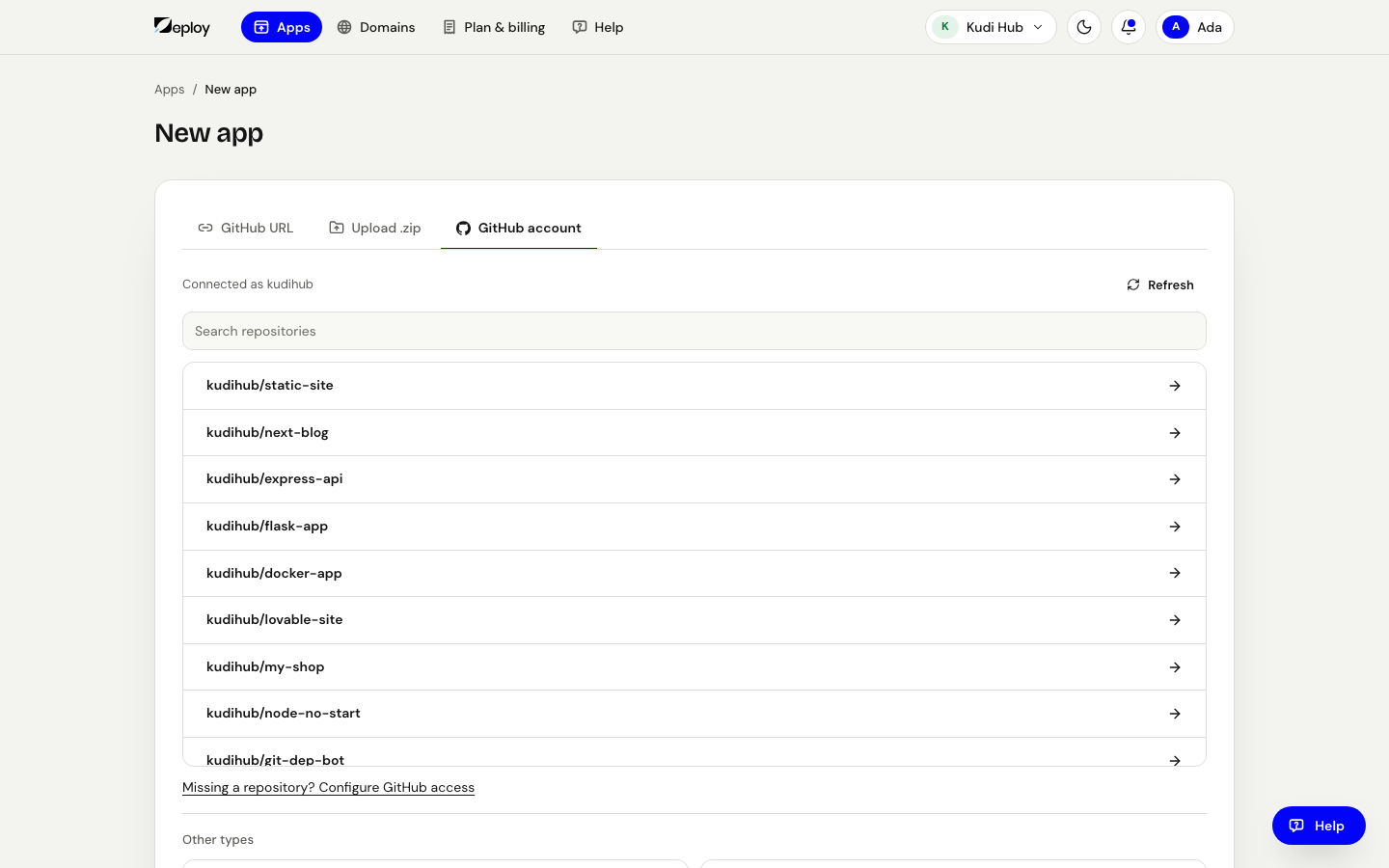 New app, GitHub account tab, with your repositories listed