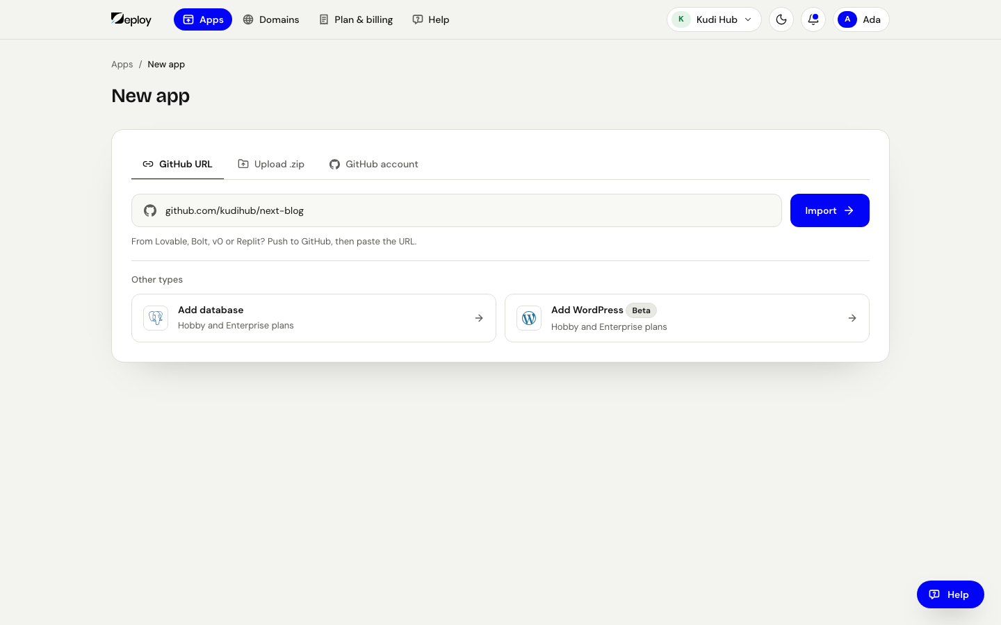 New app, with a GitHub URL pasted